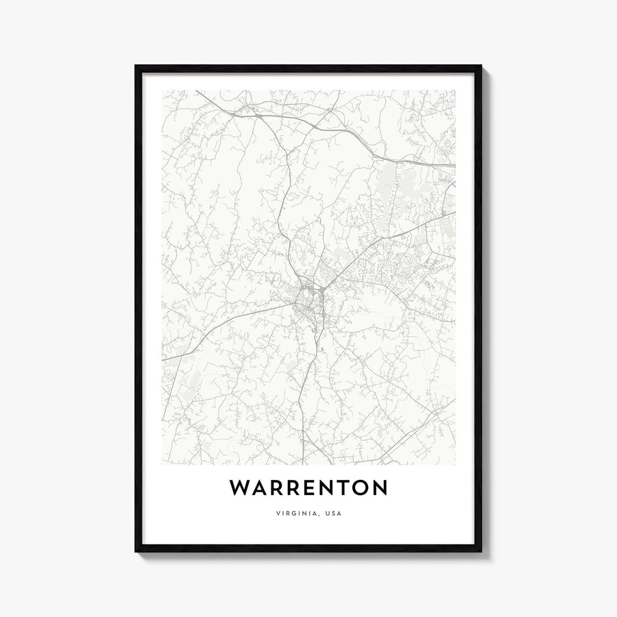 Warrenton black & white map poster of Virginia, USA – vertical wall art, unframed print shown in interior mockup