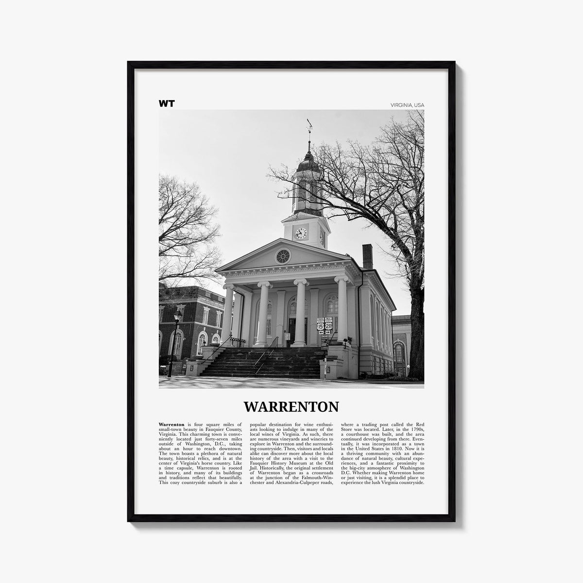 Warrenton black & white newspaper poster of Virginia, USA – vertical wall art, unframed print shown in interior mockup