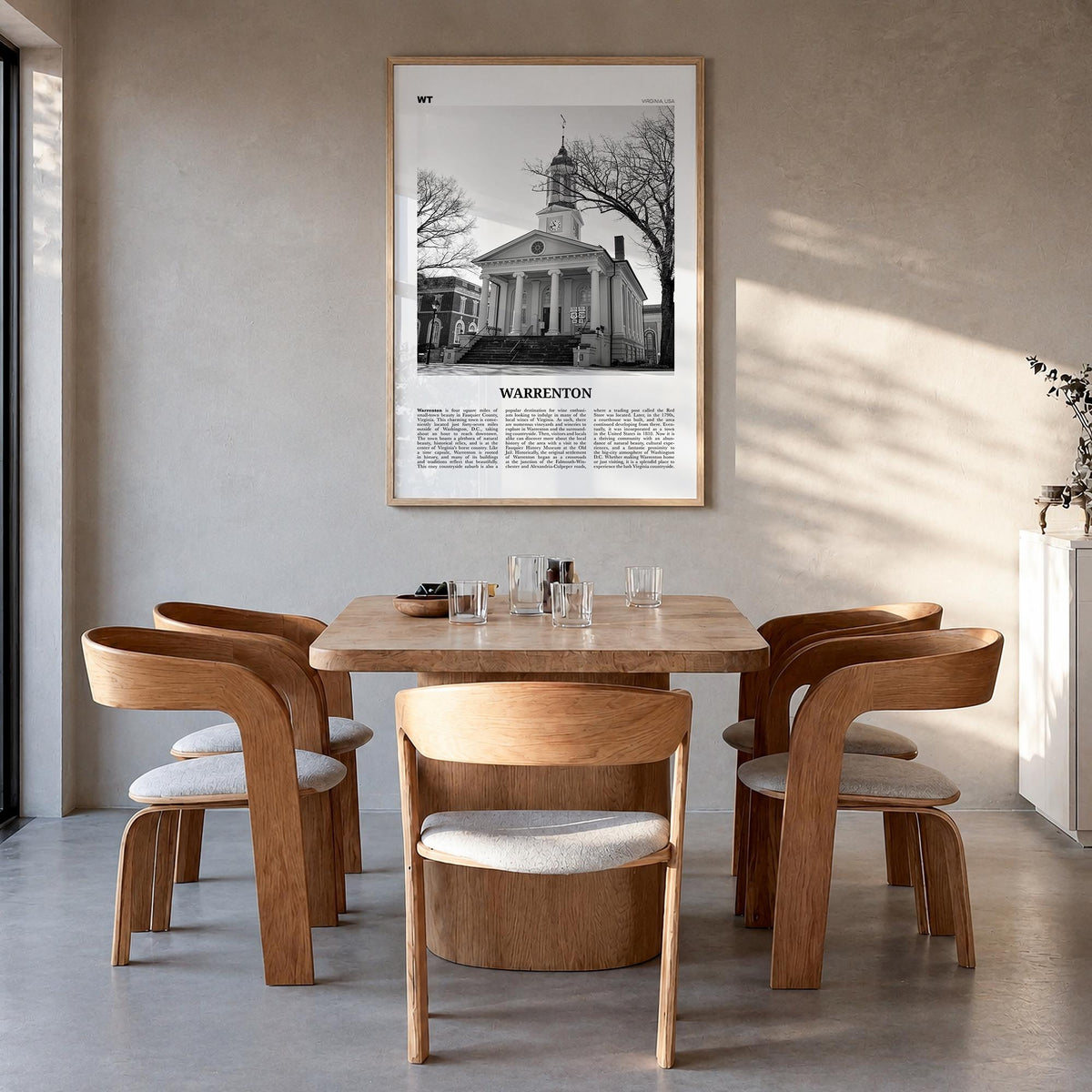 Warrenton black & white newspaper poster of Virginia, USA – vertical wall art in natural wood frame, hanging on wall