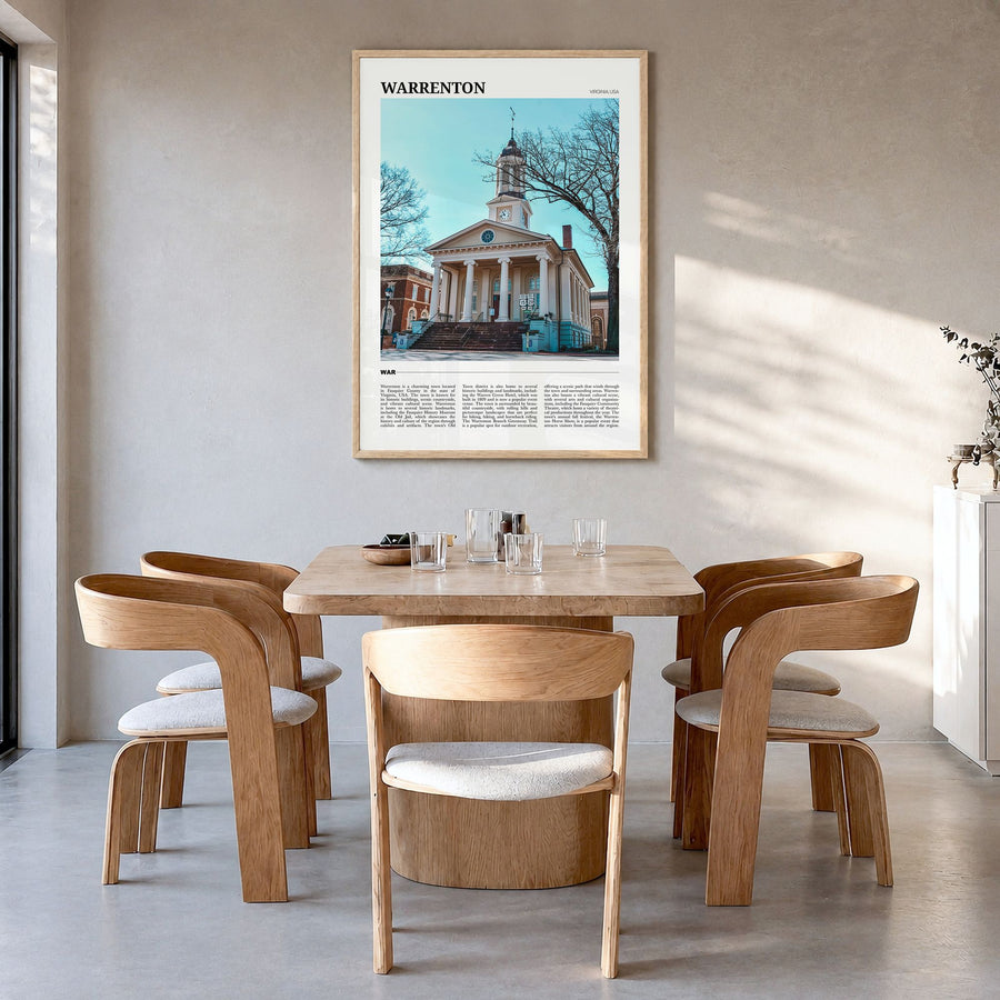 Warrenton Travel Poster in a natural wood frame, hanging in a dining room