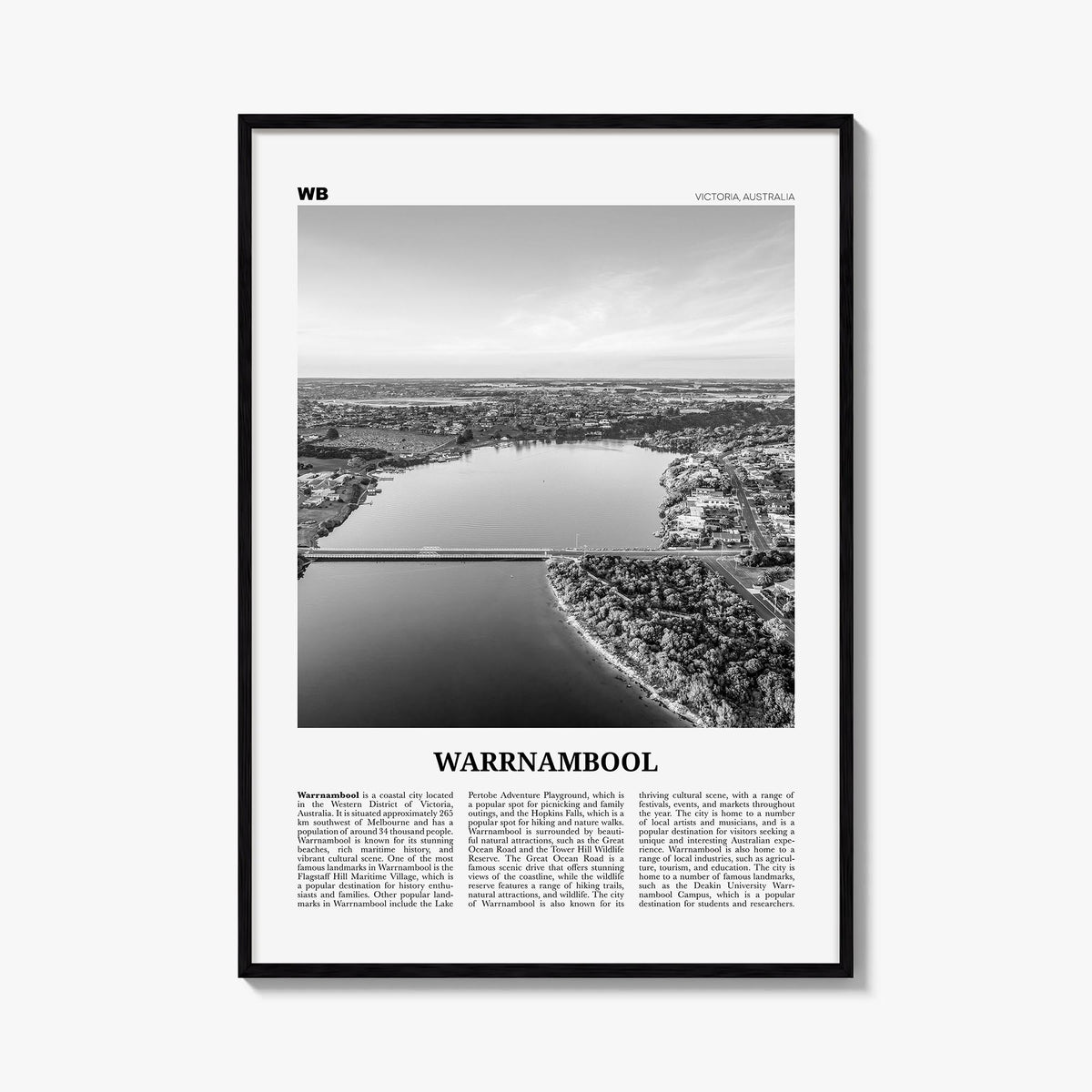 Warrnambool black & white newspaper poster of Australia – vertical wall art, unframed print shown in interior mockup