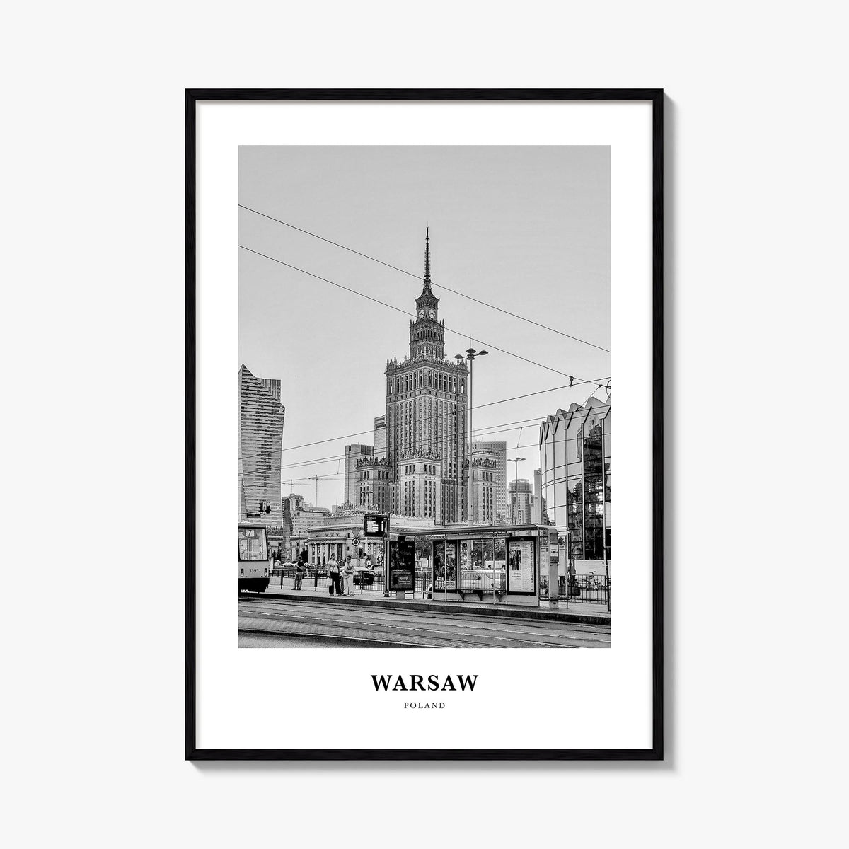 Warsaw black & white classic poster of Poland – vertical wall art, unframed print shown in interior mockup