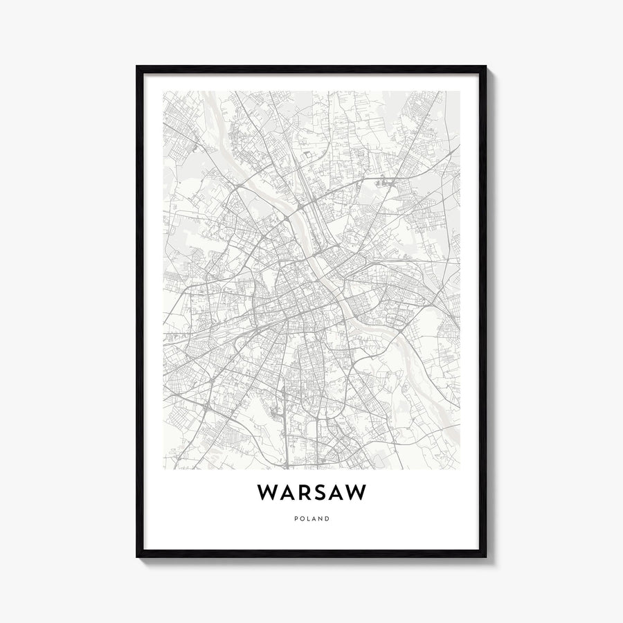 Warsaw black & white map poster of Poland – vertical wall art, unframed print shown in interior mockup