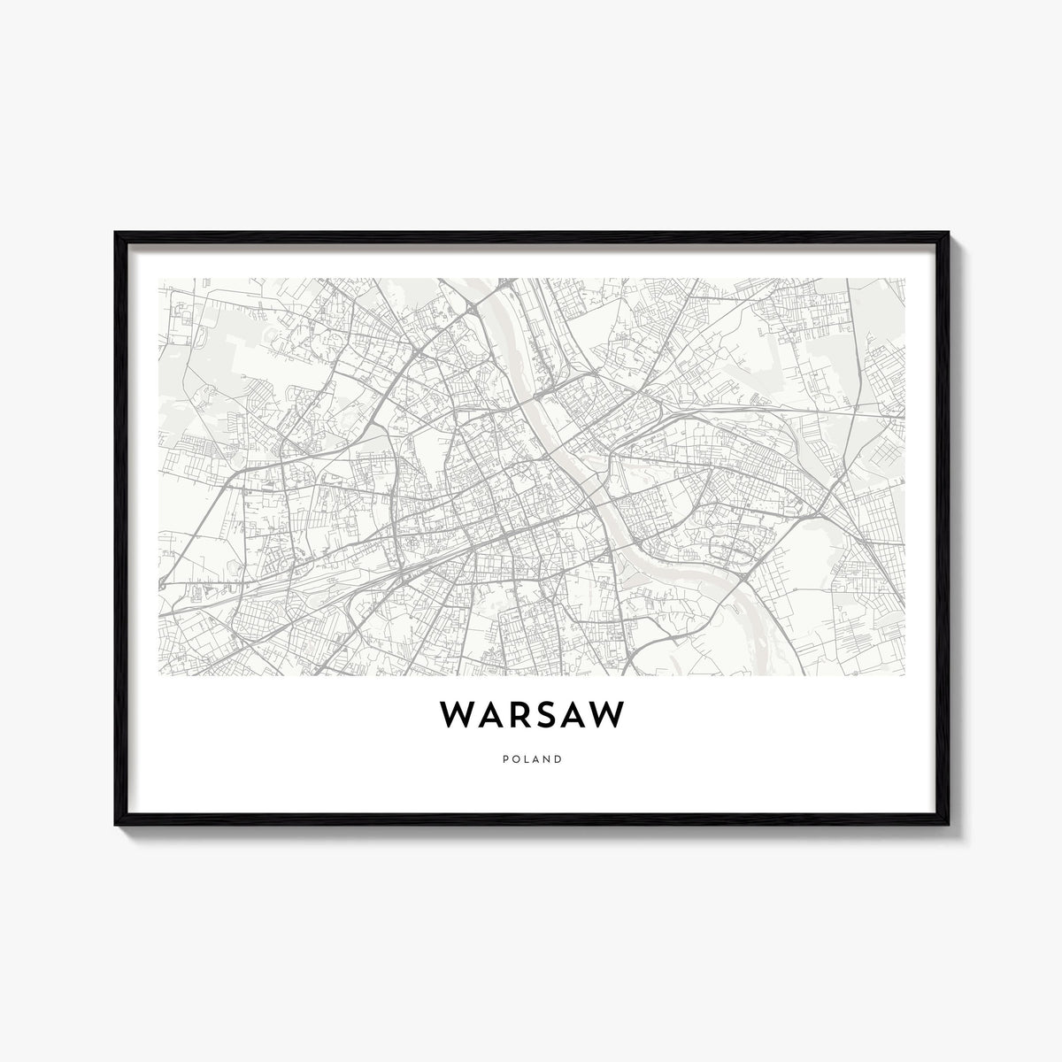 Warsaw black & white map poster of Poland – horizontal wall art, unframed print shown in interior mockup