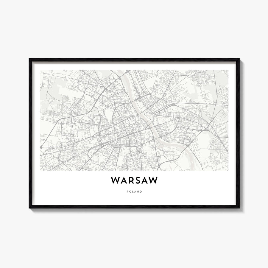 Warsaw black & white map poster of Poland – horizontal wall art, unframed print shown in interior mockup