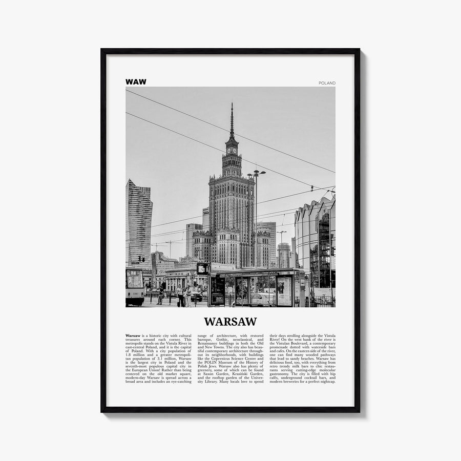 Warsaw black & white newspaper poster of Poland – vertical wall art, unframed print shown in interior mockup