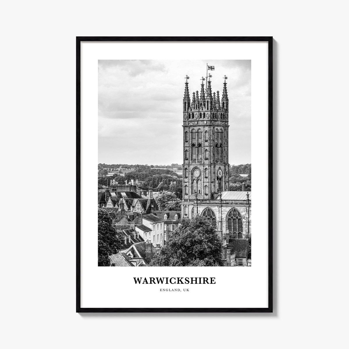 Warwickshire black & white classic poster of United Kingdom – vertical wall art, unframed print shown in interior mockup