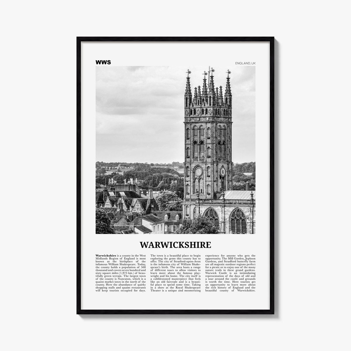 Warwickshire black & white newspaper poster of United Kingdom – vertical wall art, unframed print shown in interior mockup