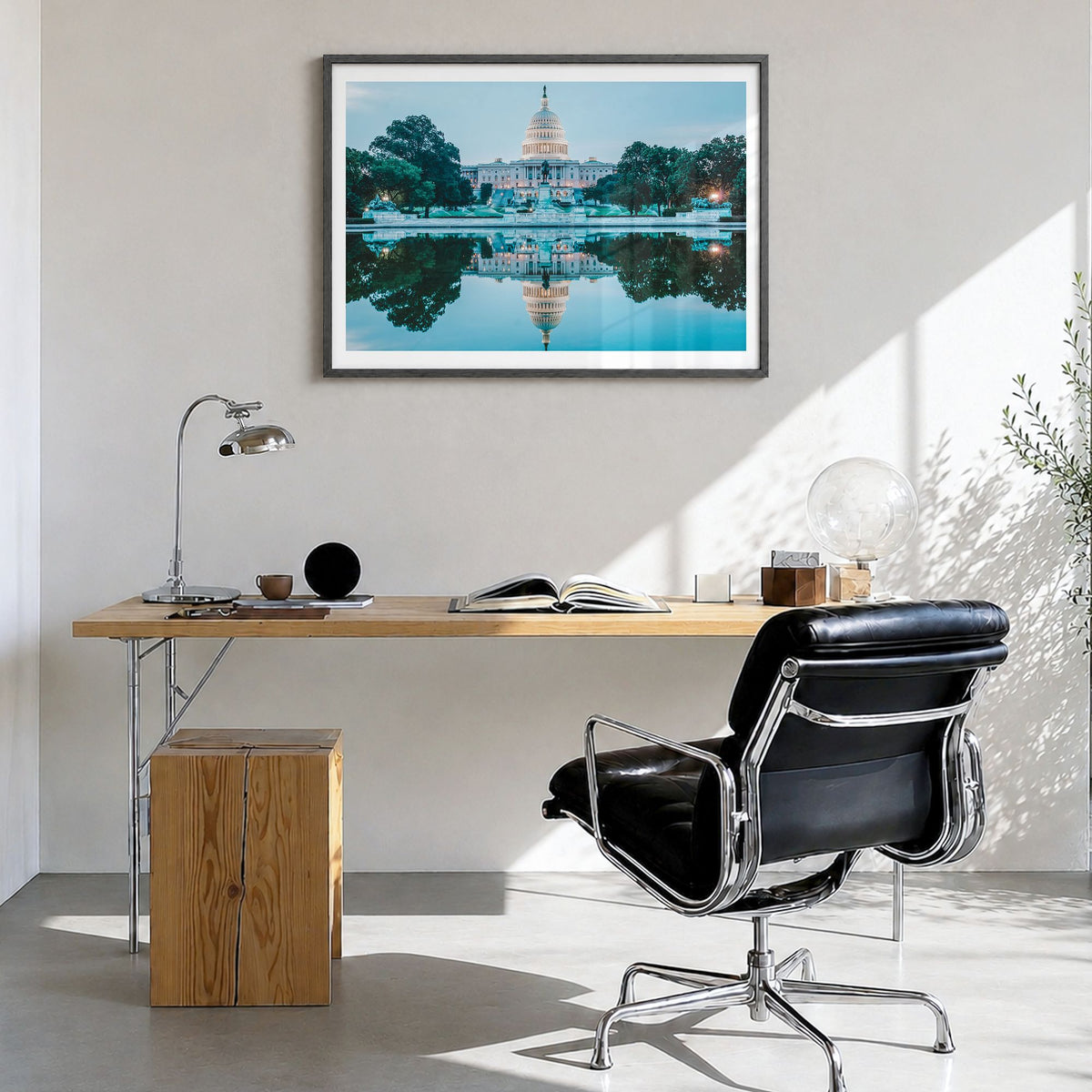 Washington, D.C. Photo Poster in a black wood frame, hanging in a bright home office, white border