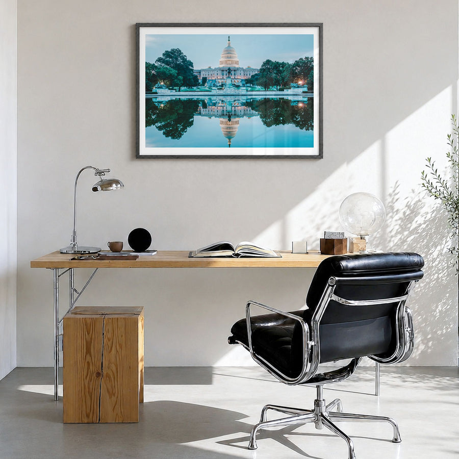 Washington, D.C. Photo Poster in a black wood frame, hanging in a bright home office, white border