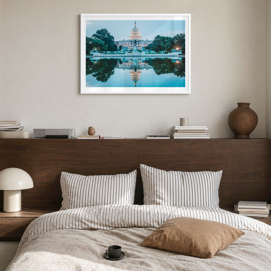 Washington, D.C. Photo Poster in a white wood frame, hanging in a bedroom, white border