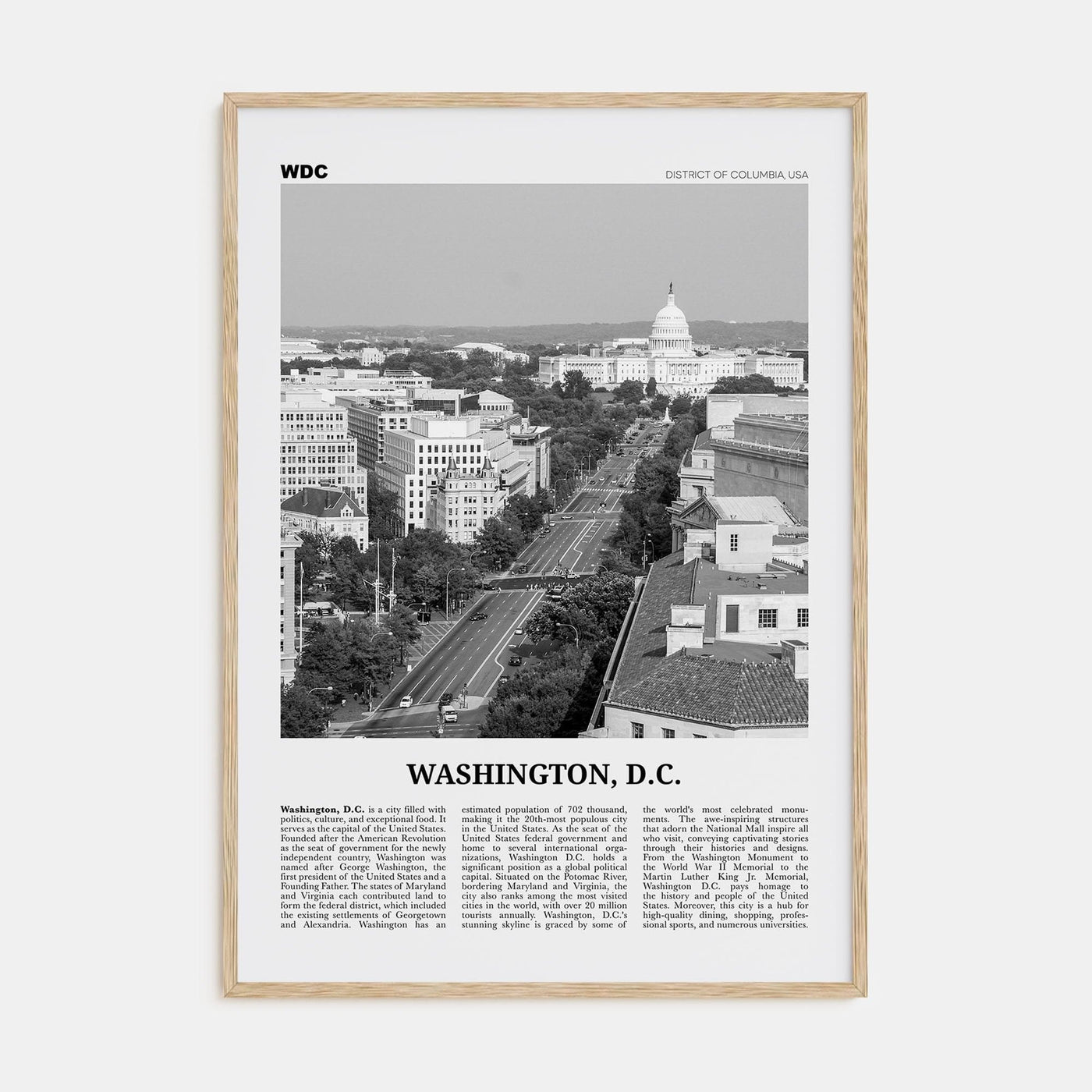 Washington, D.C. No 3 Poster Natural Wood / 8x12 in Nbourhood Travel B&W Poster