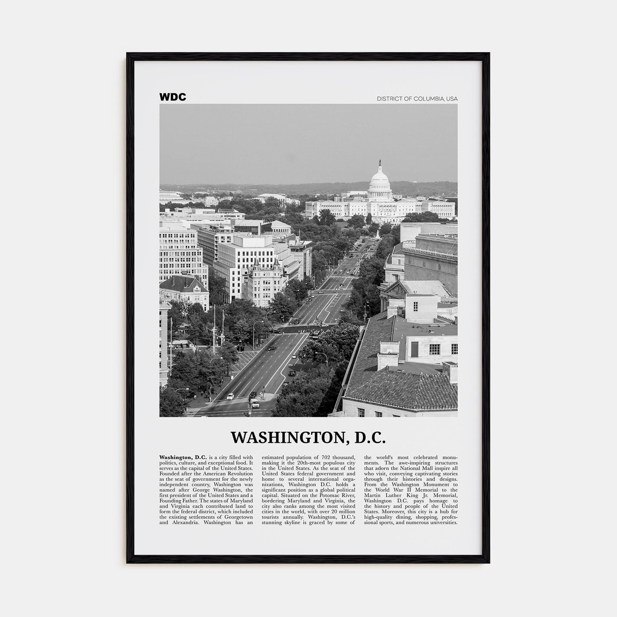 Washington, D.C. No 3 Poster Black Wood / 8x12 in Nbourhood Travel B&W Poster