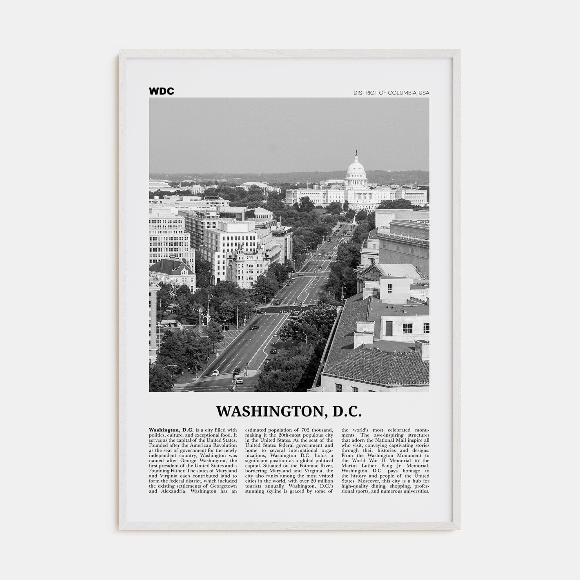 Washington, D.C. No 3 Poster White Wood / 8x12 in Nbourhood Travel B&W Poster