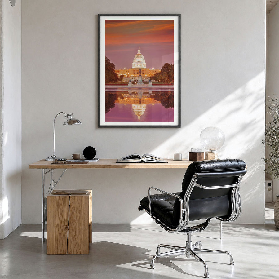 Washington, D.C. Photo No 1 Poster in a black wood frame, hanging in a bright home office, white border