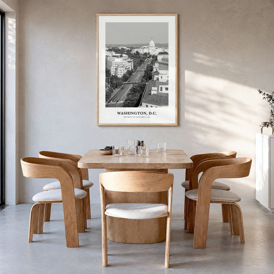 Washington, D.C. Classic No 1 Poster in a natural wood frame, hanging in a dining room