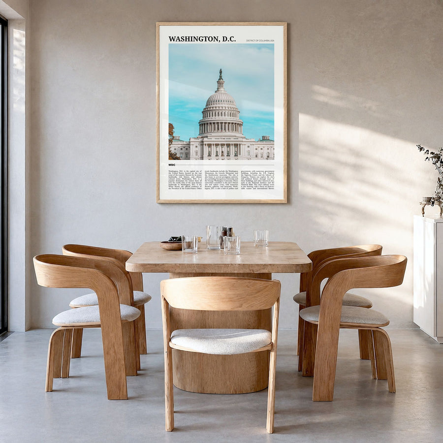 Washington, D.C. Travel No 1 Poster in a natural wood frame, hanging in a dining room
