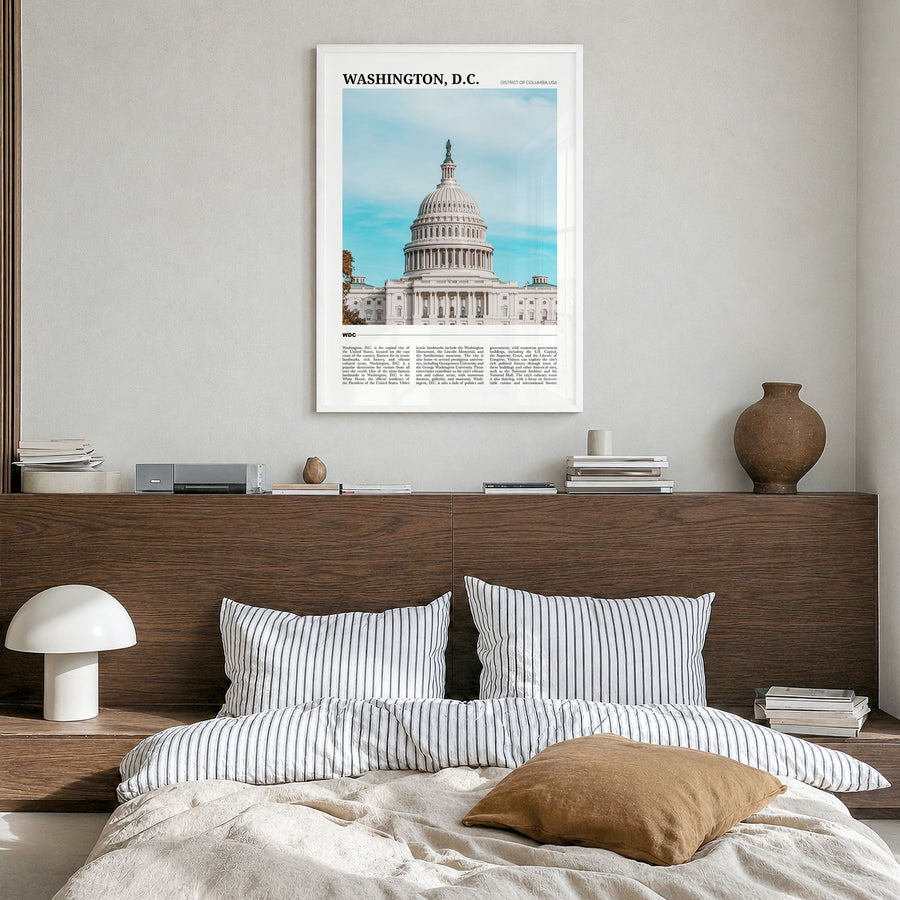 Washington, D.C. Travel No 1 Poster in a white wood frame, hanging in a bedroom