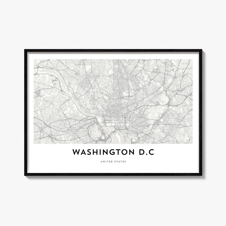 Washington, D.C. black & white map poster of District of Columbia, USA – horizontal wall art, unframed print shown in interio