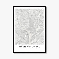 Washington, D.C. black & white map poster of District of Columbia, USA – vertical wall art, unframed print shown in interior 