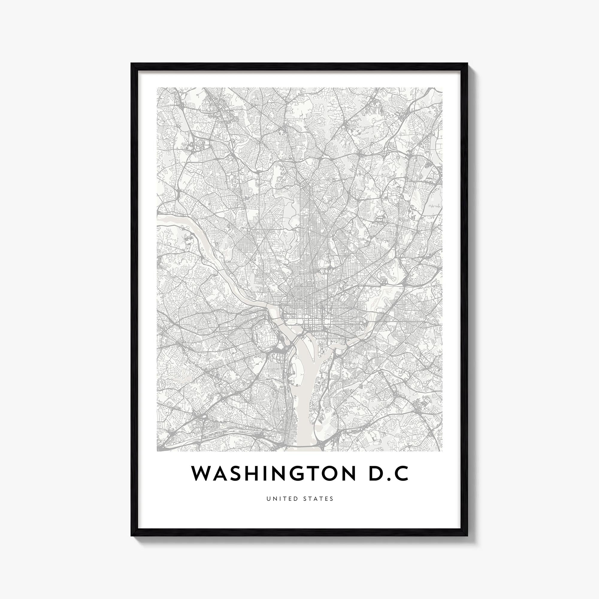 Washington, D.C. black & white map poster of District of Columbia, USA – vertical wall art, unframed print shown in interior 