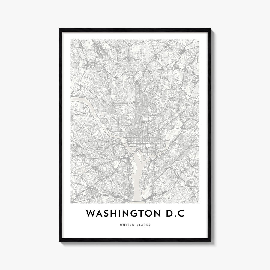 Washington, D.C. black & white map poster of District of Columbia, USA – vertical wall art, unframed print shown in interior 