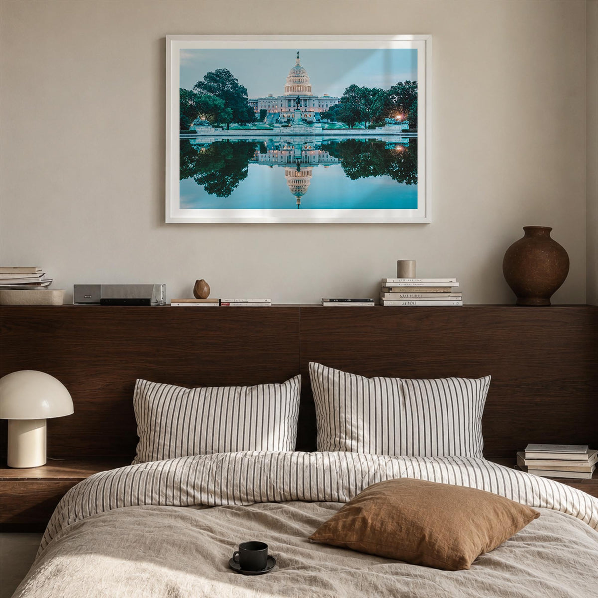 Washington, D.C. colorful photo poster of District of Columbia, USA – horizontal wall art in white wood frame with white bord