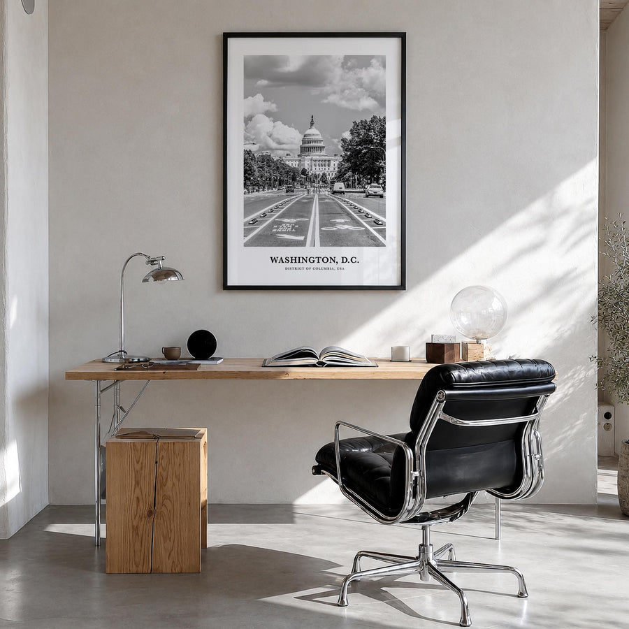 Washington, D.C. no. 3 black & white classic poster of District of Columbia, USA – vertical wall art in black wood frame, han
