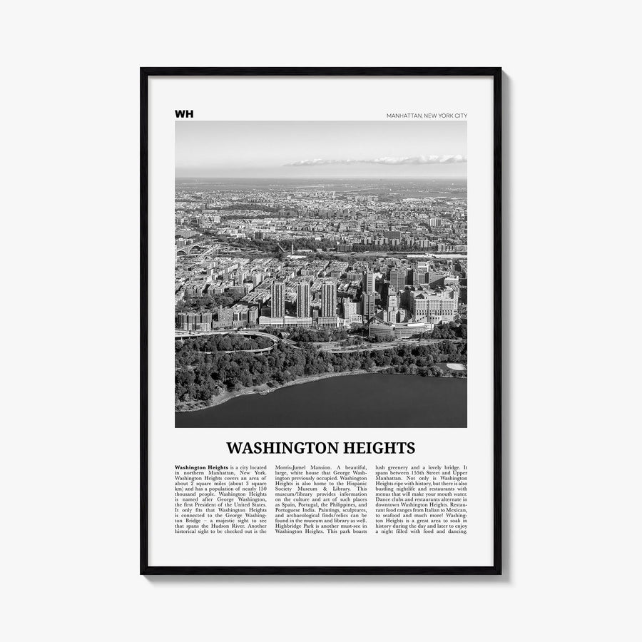 Washington Heights black & white newspaper poster of Manhattan, New York City – vertical wall art, unframed print shown in in