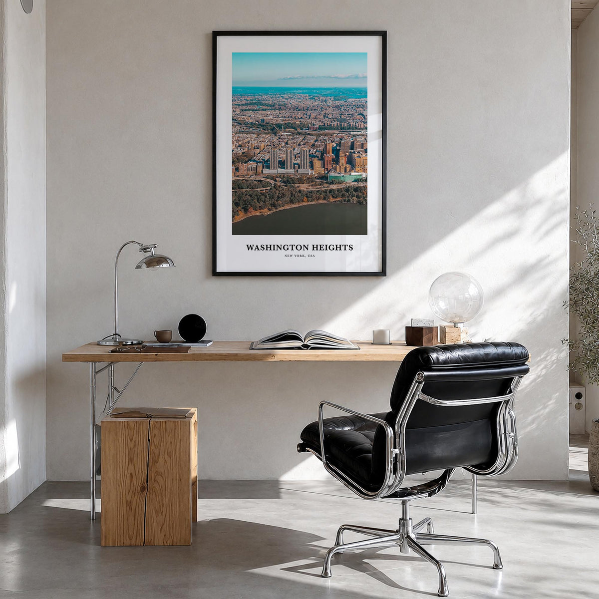 Washington Heights colorful classic poster of Manhattan, New York City – vertical wall art in black wood frame, hanging on wa