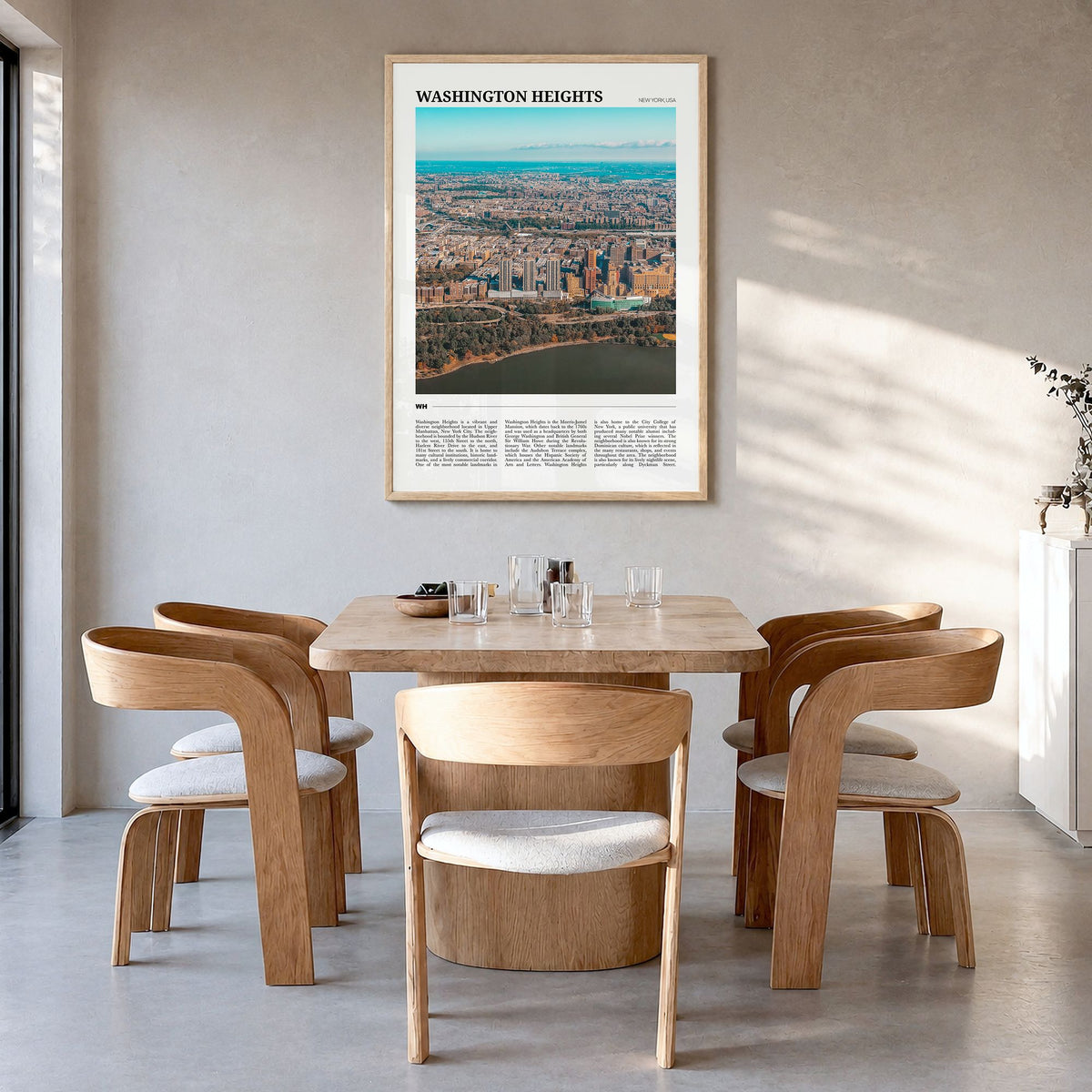 Washington Heights Travel Poster in a natural wood frame, hanging in a dining room