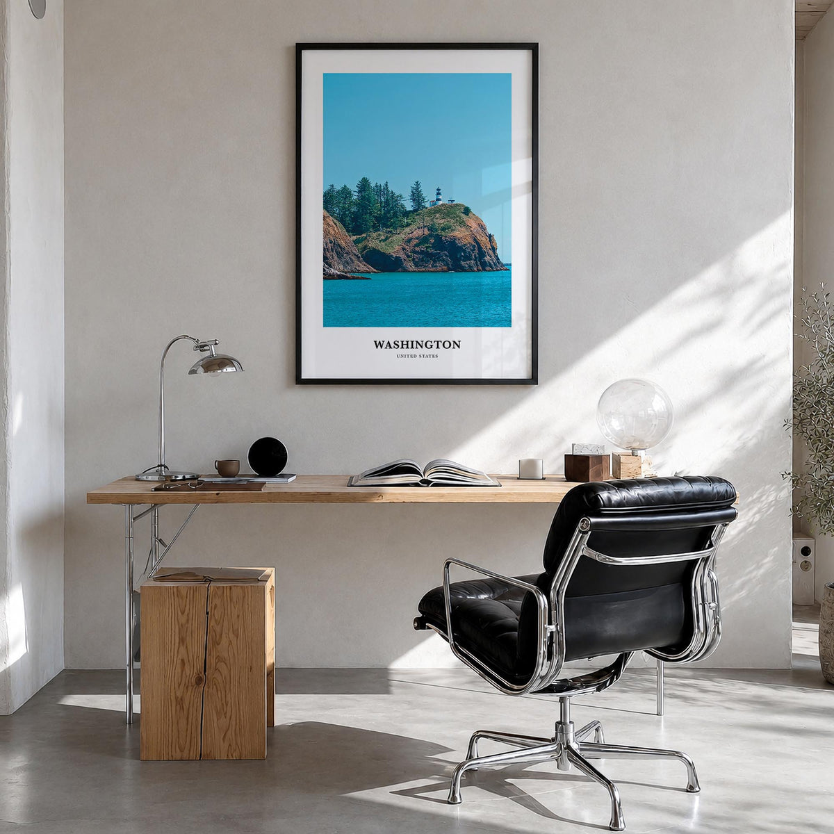 Washington (State) colorful classic poster of Washington, USA – vertical wall art in black wood frame, hanging on wall