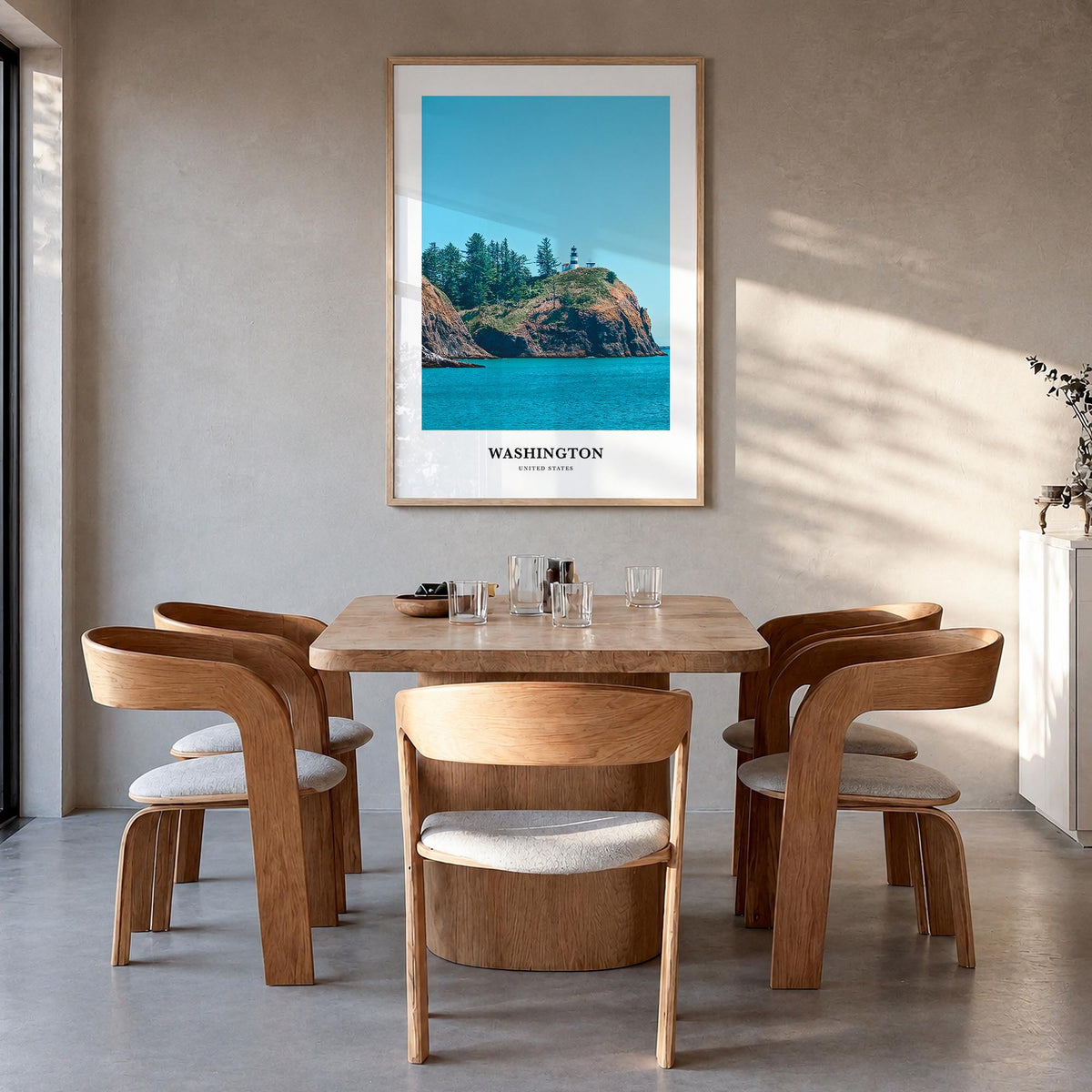 Washington (State) colorful classic poster of Washington, USA – vertical wall art in natural wood frame, hanging on wall
