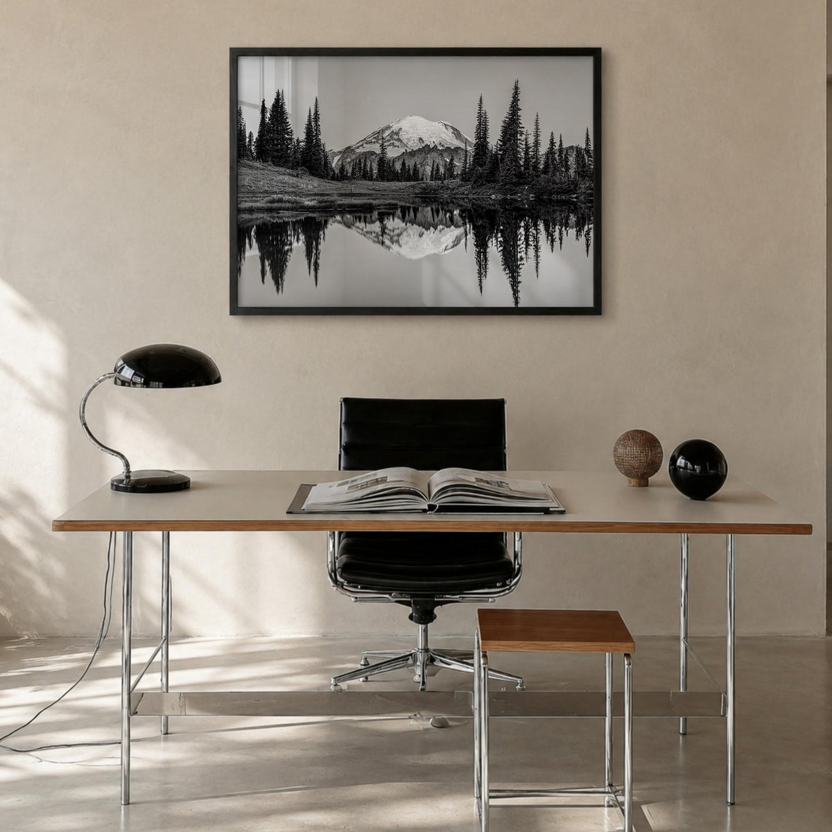Washington (State) no. 1 black & white photo poster of Washington, USA – horizontal wall art in black wood frame, hanging on 