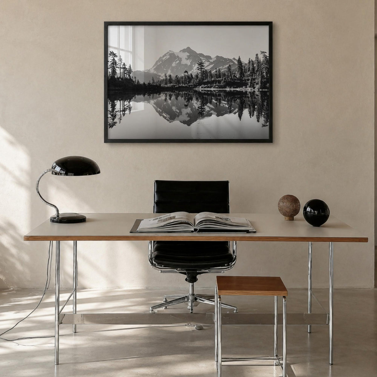 Washington (State) no. 2 black & white photo poster of Washington, USA – horizontal wall art in black wood frame, hanging on 