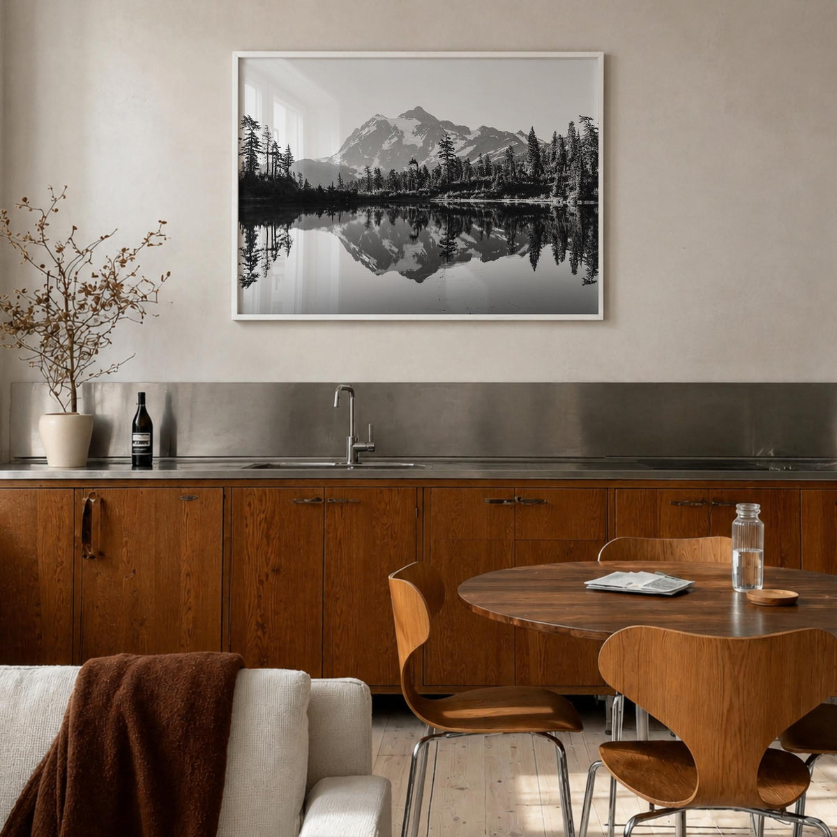 Washington (State) no. 2 black & white photo poster of Washington, USA – horizontal wall art in white wood frame, hanging on 