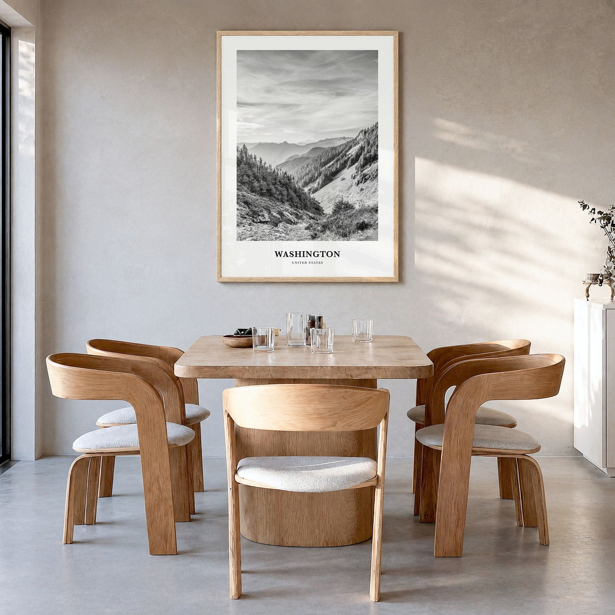 Washington (State) Classic No 1 Poster in a natural wood frame, hanging in a dining room