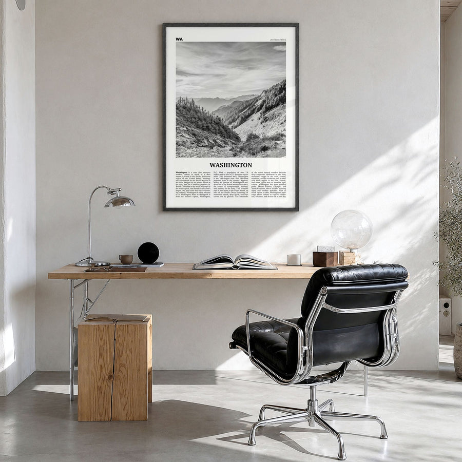 Washington (State) Newspaper No 2 Poster in a black wood frame, hanging in a bright home office