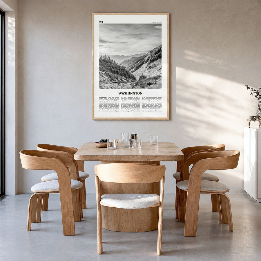 Washington (State) Newspaper No 2 Poster in a natural wood frame, hanging in a dining room