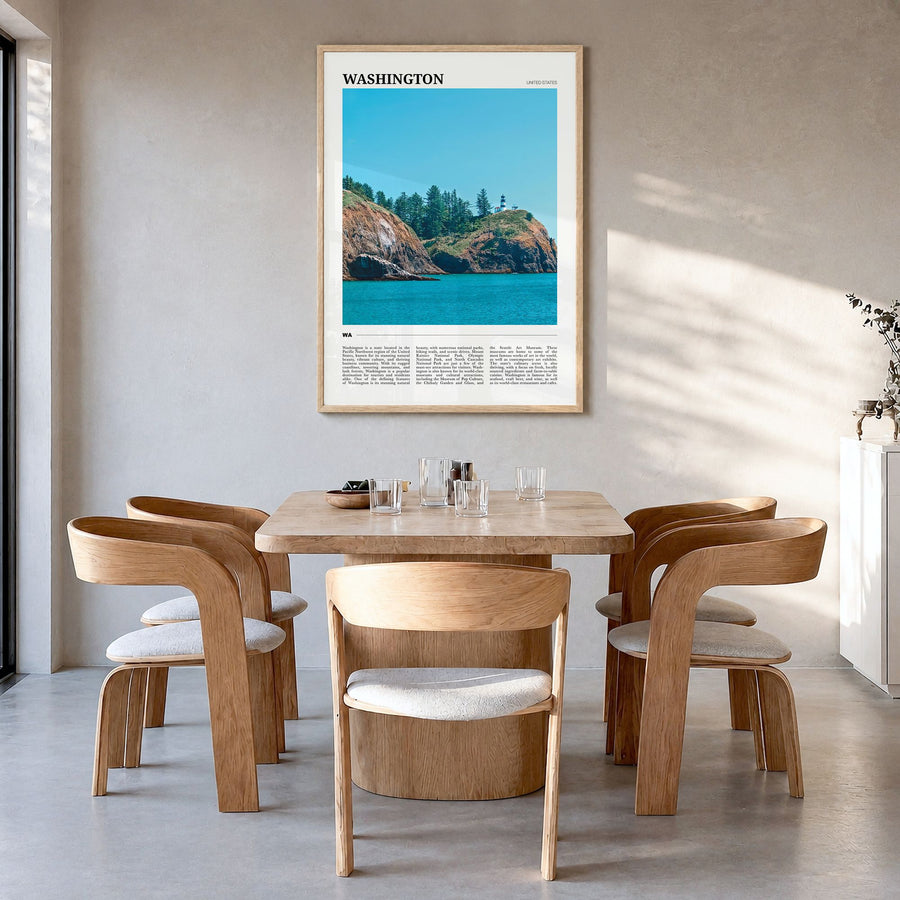 Washington (State) Travel Poster in a natural wood frame, hanging in a dining room