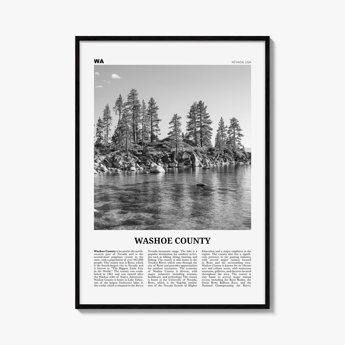 Washoe County black & white newspaper poster of Nevada, USA – vertical wall art, unframed print shown in interior mockup