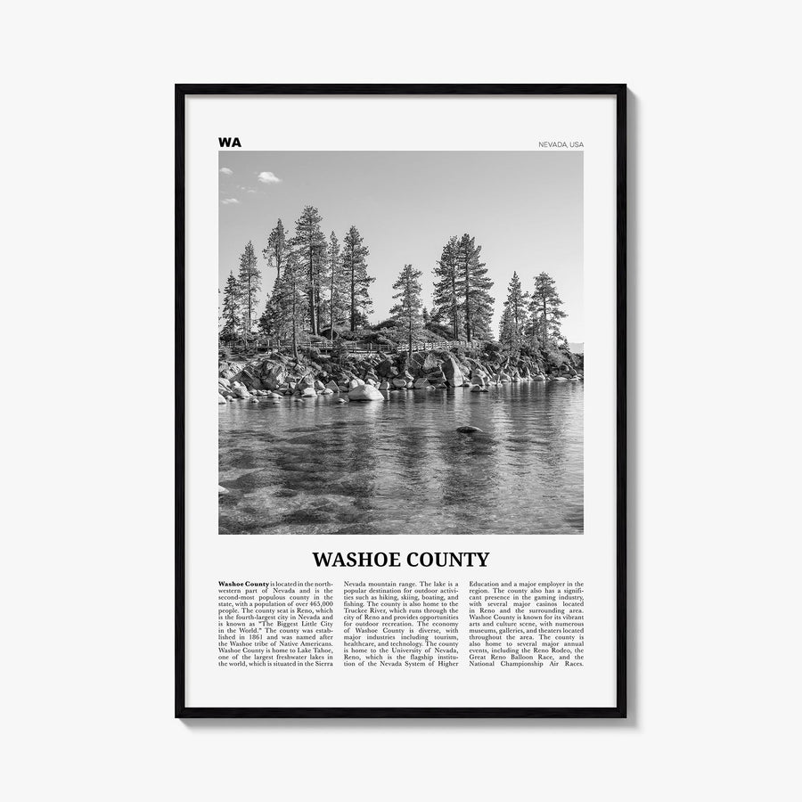 Washoe County black & white newspaper poster of Nevada, USA – vertical wall art, unframed print shown in interior mockup