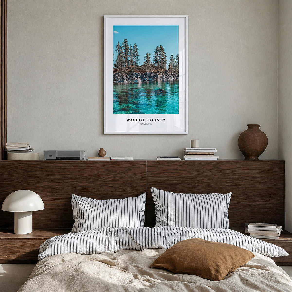 Washoe County colorful classic poster of Nevada, USA – vertical wall art in white wood frame, hanging on wall
