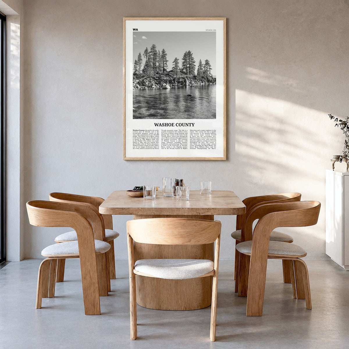 Washoe County Newspaper Poster in a natural wood frame, hanging in a dining room