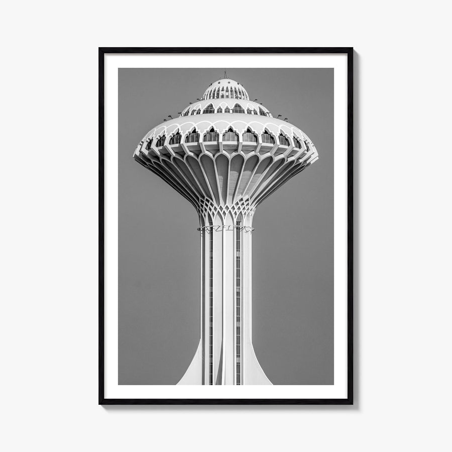 Water Tower no. 1 black & white photo poster – vertical wall art, unframed print shown in interior mockup