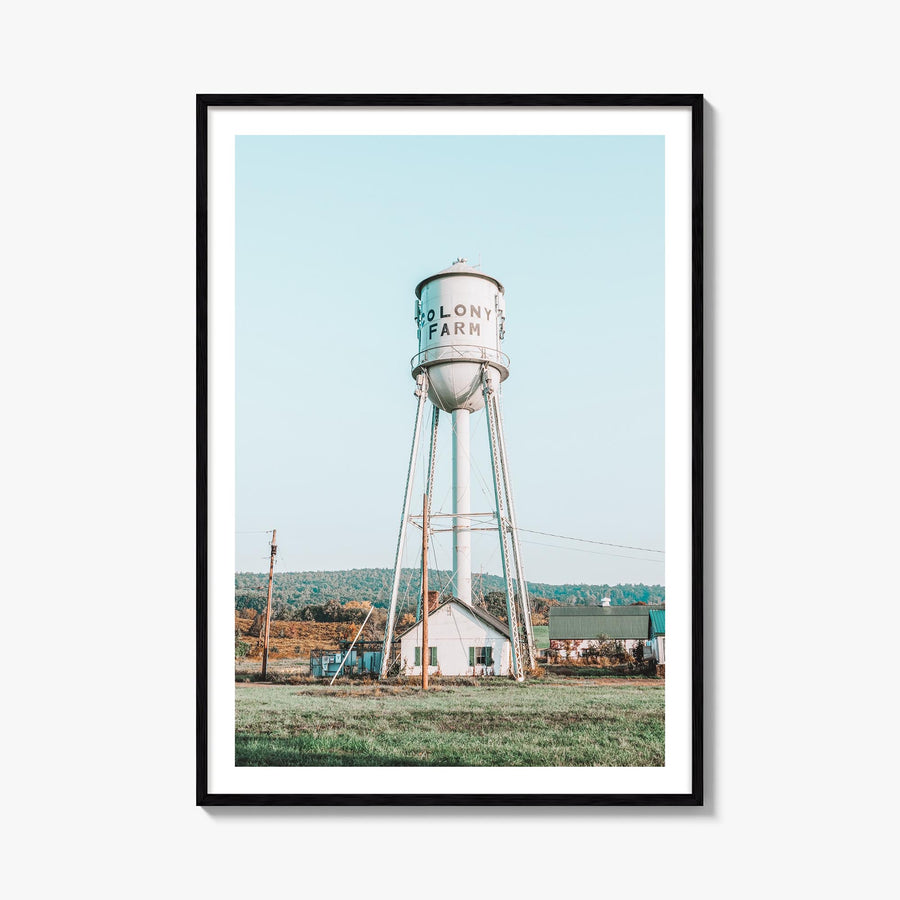 Water Tower no. 1 colorful photo poster – vertical wall art, unframed print shown in interior mockup
