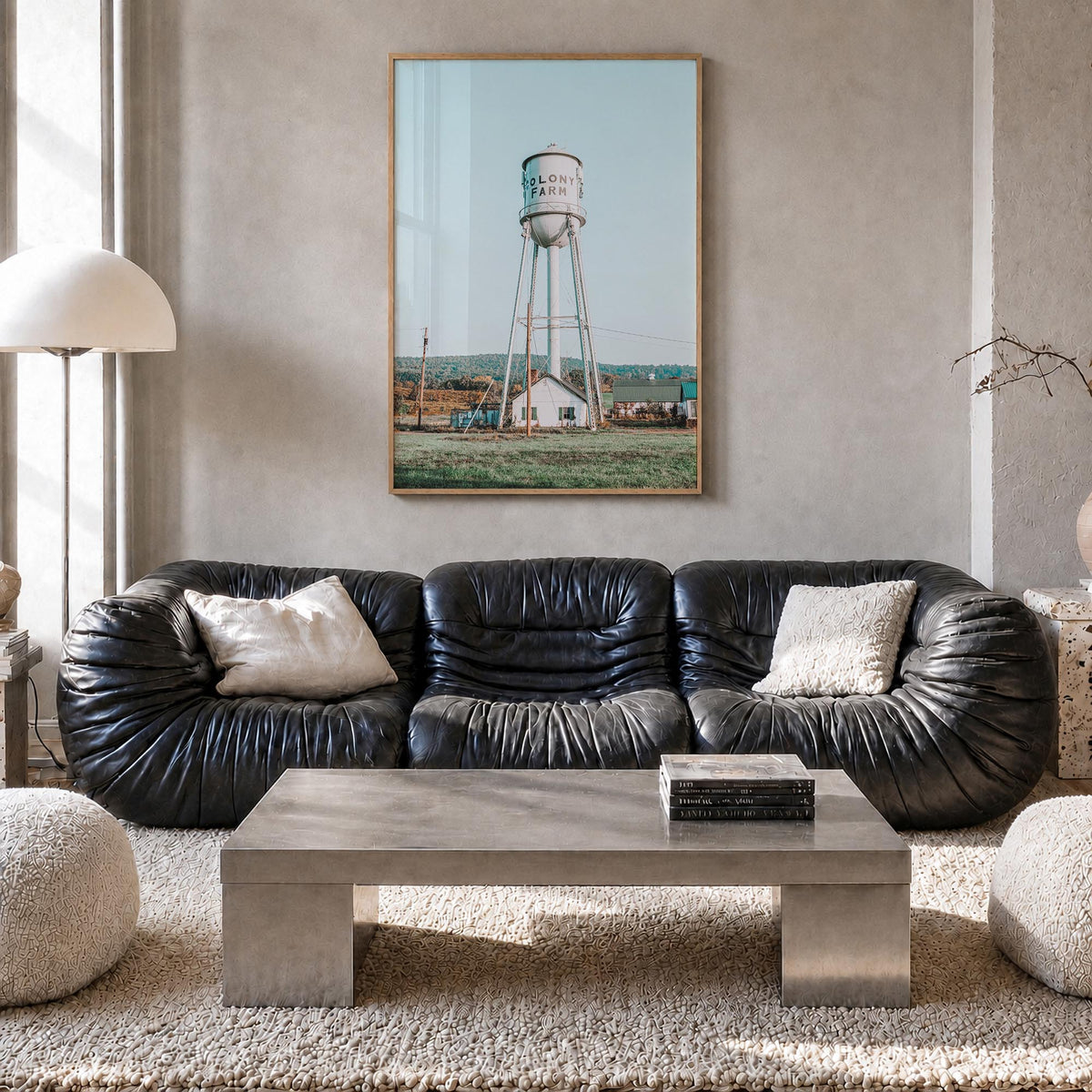 Water Tower no. 1 colorful photo poster – vertical wall art in natural wood frame, hanging on wall