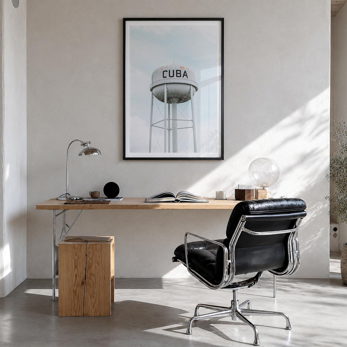 Water Tower no. 2 colorful photo poster – vertical wall art in black wood frame with white border, hanging on wall