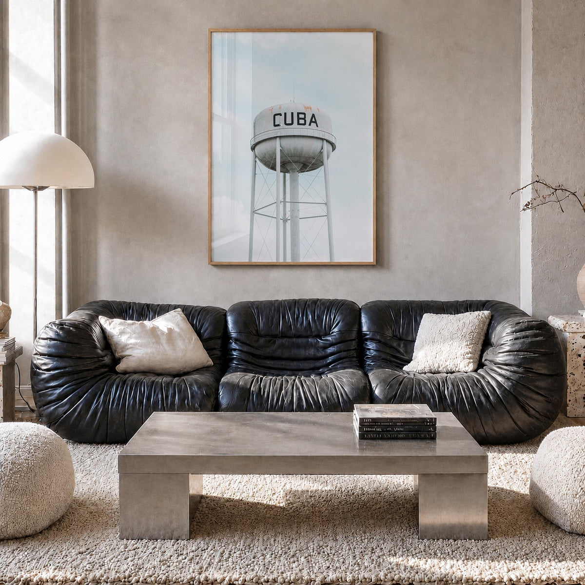 Water Tower no. 2 colorful photo poster – vertical wall art in natural wood frame, hanging on wall