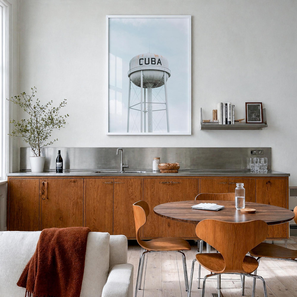 Water Tower no. 2 colorful photo poster – vertical wall art in white wood frame, hanging on wall